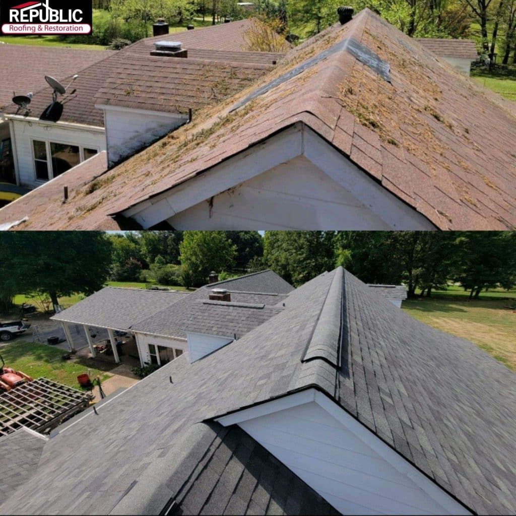 On roof before and after shingle replacement