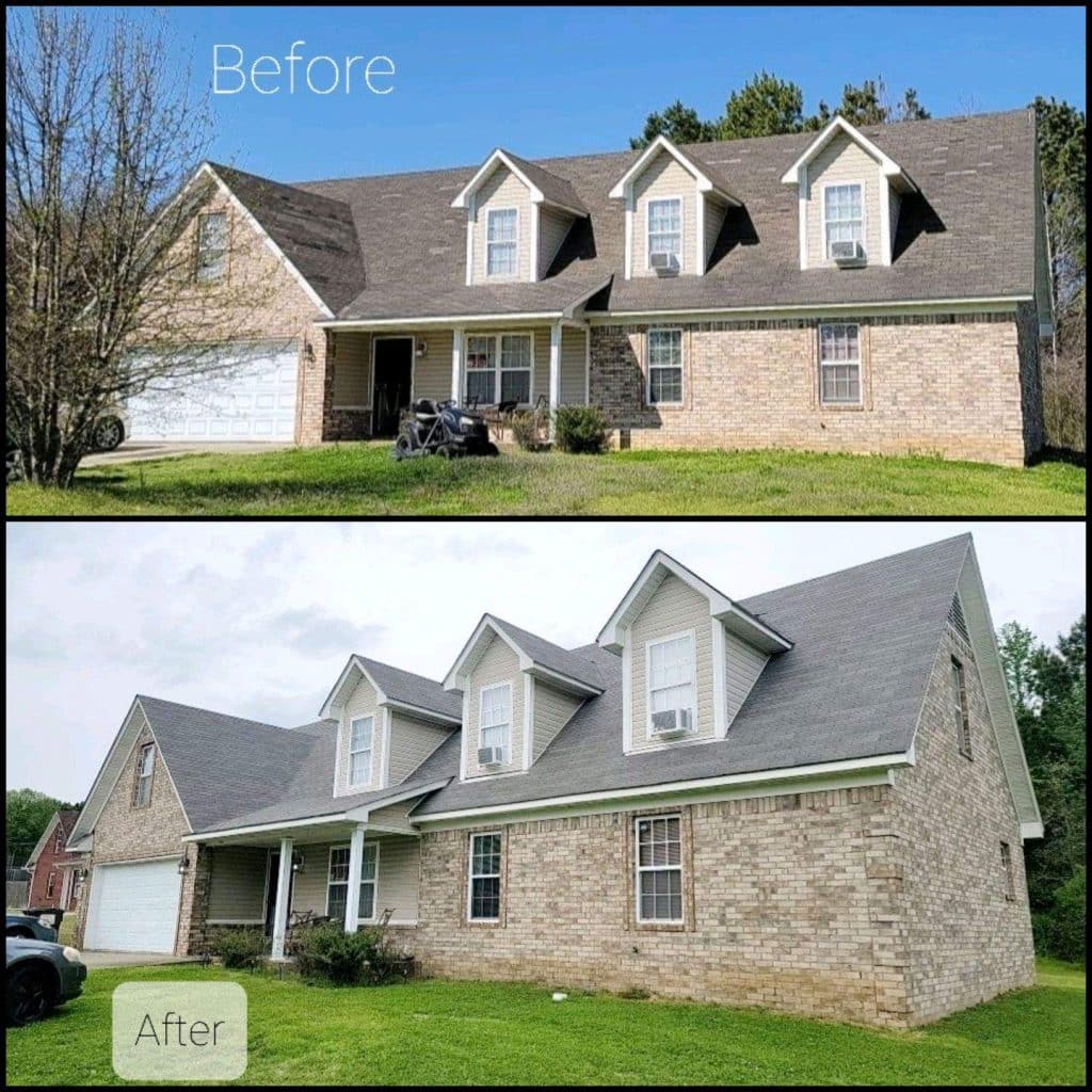 Completed shingle roof replacement before and after
