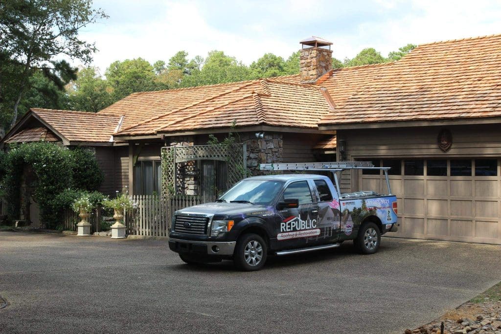 Republic Roofing work truck on a job site in Collierville